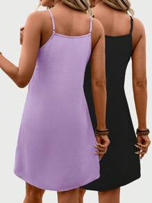 SHEIN LUNE 2 Stücke/Set Damen Lässig einfarbiges ärmelloses Mini Kleid Outfit für täglichen Sommertragen - Mauve - Übersicht 2