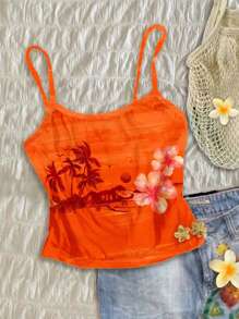 Attitoon Tropical Holiday Style Sunset Orange Island Tie Dye Background, Tropical Floral Placement Print Women Cami Vintage Style, Casual Vacation Style, Sexy Style, Cute Y2K Coconut Girl Boho Music Festival, Suitable For Summer Suitable For Going Out - Multicolor - View 11