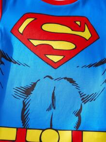 SUPERMAN X SHEIN 青少年男孩超级英雄图案拼色休闲插肩短袖 T 恤 + 红色短裤紧身舒适睡衣套装