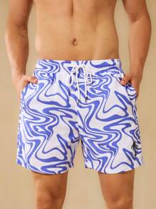 Surfspeed Men's Marble Print Drawstring Waist Loose Beach Shorts, Hawaiian - Blue and White - View 7