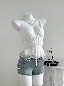 Elamini Eyelet Embroidery Pleat Tie-Up Spaghetti Strap Summer Sexy Vacation Tank Top For Women - White - View 5