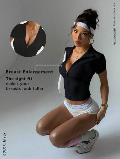 Dewbera Women Fitted Zip-Up Yoga Jacket, Versatile Basic Life Sports Wear, Cute Collar Tight Short Sleeve Activewear