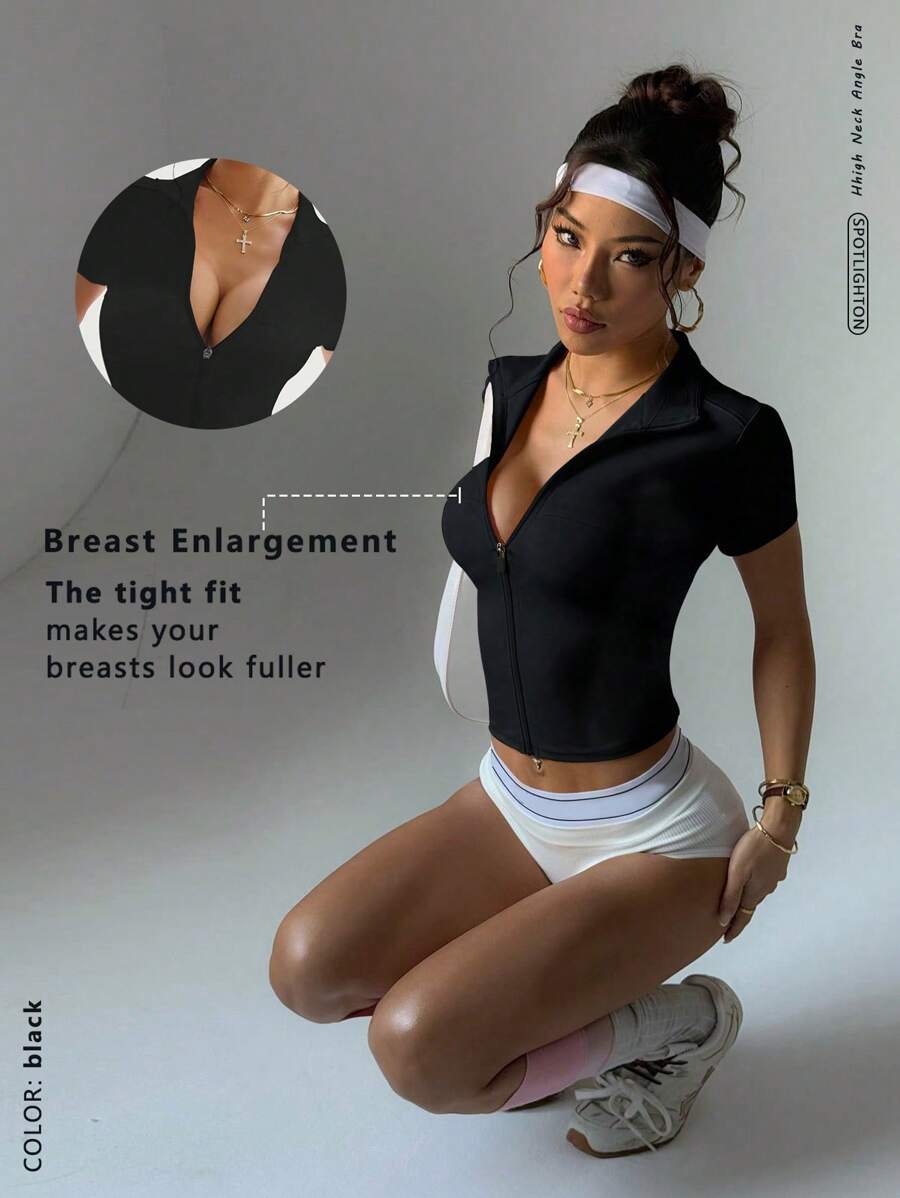 Dewbera Women Fitted Zip-Up Yoga Jacket, Versatile Basic Life Sports Wear, Cute Collar Tight Short Sleeve Activewear - Black - View 1