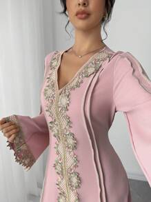 Rafferiza Bata holgada con cuello en V con volantes y mangas largas, bata larga turca, bata árabe - Rosa - Ver 3