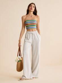 SHEIN Tall 女士纯色亚麻抽绳腰复古款长裤，通勤装，女士日常沙滩装夏装度假亚麻裤女士亚麻长裤，亚麻裤 - 杏色 - 查看 7