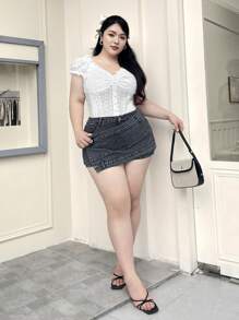 SHEIN ICON Plus Size Women's Elastic Black & Gray Fashionable Denim Skort Shorts, Summer