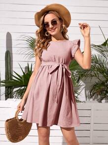 SHEIN Maternity Ruffle Trim Self Belted Dress - Dusty Pink - View 5