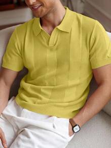 Manfinity Homme 男士夏季纯色短袖休闲宽松针织上衣 - 芥末黃 - 查看 6