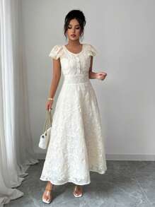 Elenzga Women's Elegant V-Neck Cap Sleeve Waist Cinched A-Line Dress