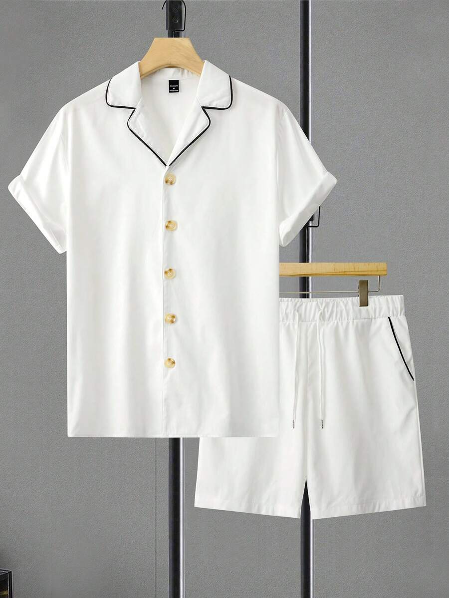 Manfinity Homme 男士翻领短袖衬衫短裤套装,夏季男士衣服套装夏季 - 米色 - 查看 1