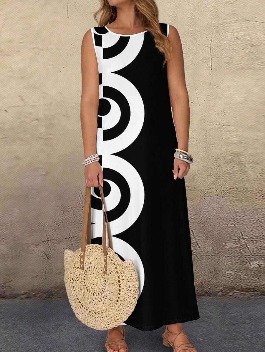 EMERY ROSE Plus Size Women's Country Concert Outfit Geometric Print Round Neck Long Dress,Summer Dresses For Women,Vacation Dress Women Casual Dress,Sun Dresses For Women Chic Dress