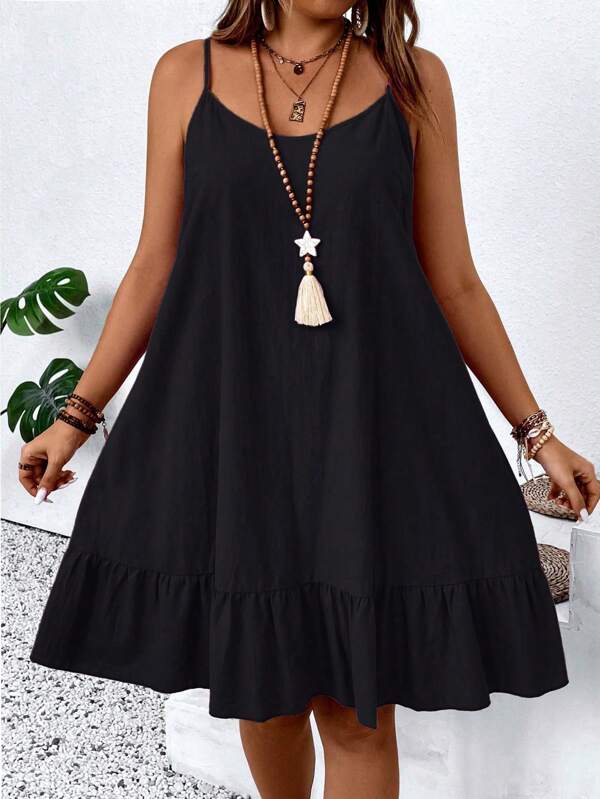 EMERY ROSE Pure Plus Size Solid Color Spaghetti Strap Loose Short Casual Dress
