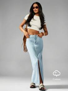 MISSGUIDED Low Waisted Rigid Denim Bleached Ice Blue Wash Maxi Skirt - Light Wash - View 7