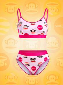 Paul Frank X SHEIN 女士卡通猴子印花粉色吊带背心文胸和内裤内衣套装 - 粉色 - 查看 5
