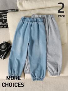 SHEIN 2 pezzi/Set: 1 Paio di Jeans di Denim + 1 Paio di Pantaloni Grigi in Maglia, Set Abbinato, Abbigliamento Casual e Confortevole Adatto per Uso Quotidiano, Attività all'Aperto, Viaggio, Scuola, Primavera/Estate