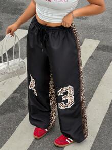 SHEIN EZwear Plus Size Women's Straight Leg Casual Pants With 23 Letter & Leopard Print - Multicolor - View 1