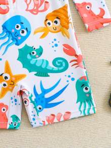 SHEIN 1 套男婴卡通鲸鱼印花长袖连体衣（带帽），夏季防紫外线沙滩装 - 彩色 - 查看 4