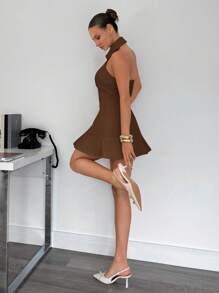 Siren Gaze Women Shirt Style Halter Neck Mini Dress, Ruffle Hem Short Dress Brown Summer Casual - Coffee Brown - View 2