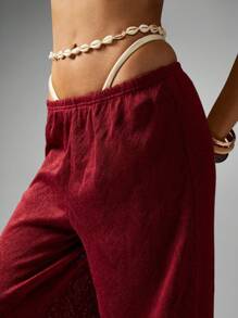 MISSGUIDED Wide Leg Velvet Pants Beach Resort Lounge Wear Festival Bohemian Casual Summer Fall Bottoms Pants Music Venue Cruise Vacation Christmas - Burgundy - View 3