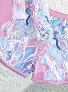 Wildeya Nuevo traje de baño de una pieza con pantalones cortos en color rosa sólido, con estampado de tie-dye multicolor y diseño de patchwork, en estilo resort de moda