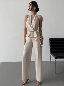 Firerie Women's Elegant & Romantic Summer 2 Pieces Set, Including Loose V-Neck Sleeveless Top With Asymmetrical Hem And Straight Leg Pants, In Khaki, Suitable For Casual, Vacation, Commute - Khaki - View 7