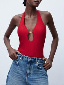 Maija 2025 New Summer Slim Fit Bodysuit, Versatile Casual Bodysuit For Vacation, Beachwear, Daily Commute, Fashionable & Minimalist - Burgundy - View 5