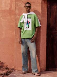 Maija Tricou bărbătesc cu guler rotund, verde, cu mânecă scurtă, cu imprimeu artistic abstract, potrivit pentru plajă, festivaluri de muzică, Ziua Independenței, afaceri, casual, nuntă, ținute de zi cu zi