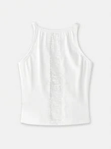 Maija 2025 年夏季新款女式 U 领露背性感蕾丝拼接细罗纹针织可调节肩带背心，优雅通勤、日常、浪漫、休闲、海滩、派对、婚礼嘉宾、音乐节、独立日、毕业典礼、可爱衬衫 - 白色 - 查看 9