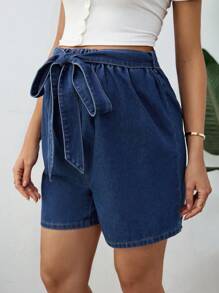 SHEIN 孕妇纯色简约系腰牛仔短裤，休闲装 - 藍色 - 查看 5