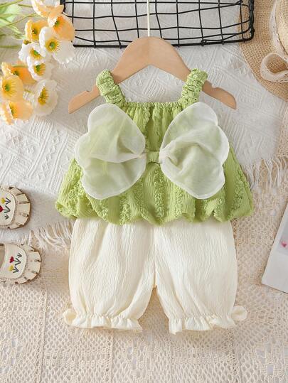 2pcs Baby Girls Korean Style Sweet Outfit, Fashionable Suspender Top And Shorts Set, Summer