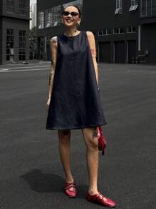 DAZY 深色水洗无袖宽松长款牛仔上衣，春夏 - 深色水洗藍 - 查看 4