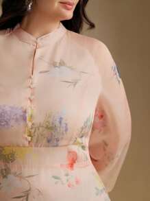 Anewsta 女式V领纽扣长袖花卉欧根纱连衣裙长款女装 - 珊瑚橙 - 查看 7