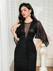 Joudiya Women's Solid Color Sequin Contrast Mesh Ruffle Trim Long Dress
