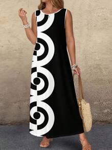 EMERY ROSE Plus Size Women's Country Concert Outfit Geometric Print Round Neck Long Dress,Summer Dresses For Women,Vacation Dress Women Casual Dress,Sun Dresses For Women Chic Dress