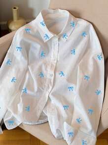INAWLY Butterfly Print Front Button Long Sleeve Casual Button Up Shirt - Blue - View 4