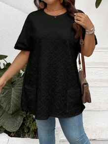 SHEIN LUNE 大码女式扎染刺绣双口袋休闲宽松T恤女式春季装女式夏季装女式夏季服装复活节女式西部装女式全白女式机场装女式机场装可爱夏季上衣卡哇伊 - 黑色 - 查看 6