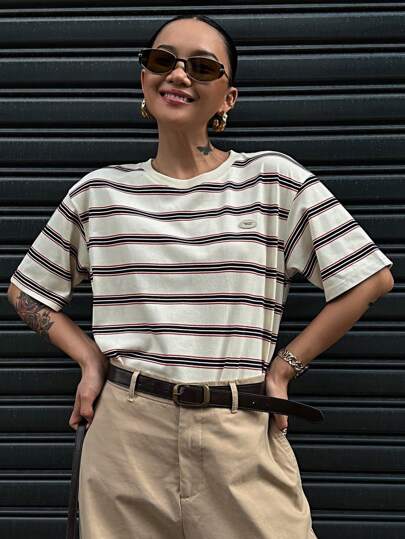 DAZY Women's Casual Sporty Summer Top, Colorblock Striped Loose Fit Short Sleeve Round Neck T-Shirt Oversized T-Shirt