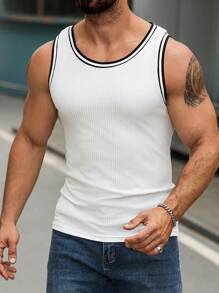 Manfinity Homme Men's Striped Crew Neck Casual Versatile Tank Top - White - View 3