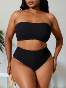 Slaydiva Summer Beach Plus Size Solid Bandeau Bikini Set - Black - View 1
