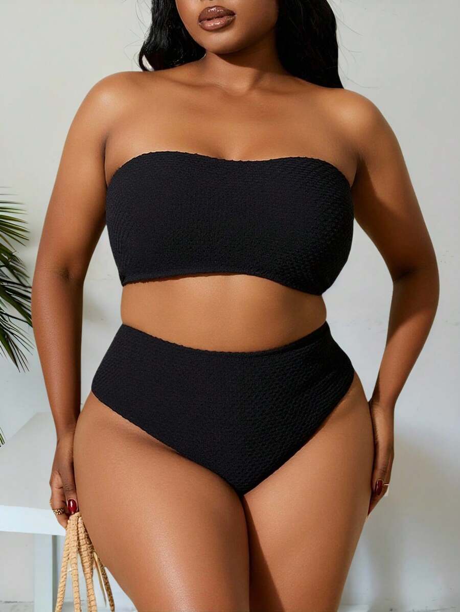 Slaydiva Summer Beach Plus Size Solid Bandeau Bikini Set - Black - View 1