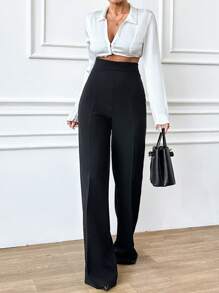 Pantalones Casuales De Cintura Alta Y Pierna Ancha Para Mujeres En Un Solo Color, Largo Completo