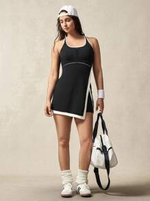 VARSIVA Women's Summer Casual Contrast Trim Slit Sports Dress And Shorts Set - Black and White - View 11