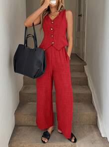 Easowa 2 件套女士蓝色背心马甲和长裤（带口袋）套装，春夏