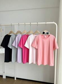 Tween Girls 6pcs Casual Plain Round Neck Short Sleeve T-Shirt, Multi-Pack, Multiple Colors, School, Campus, College, Summer, Outfit, Comfortable, Cute - Multicolor - View 7