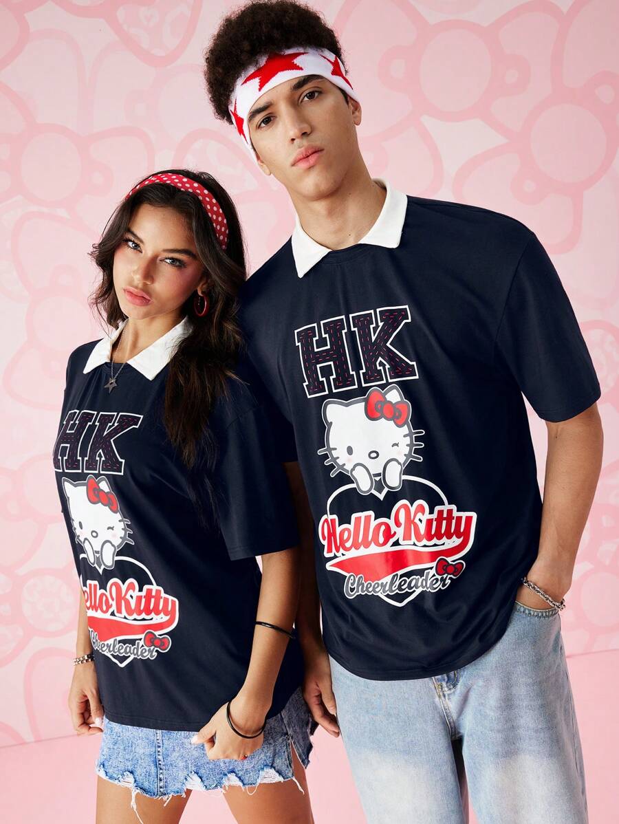 HELLO KITTY AND FRIENDS | SHEIN 1 件夏季休闲卡通字母印花拼色 Polo 领短袖 T 恤,男女通用 - 藏蓝色 - 查看 1