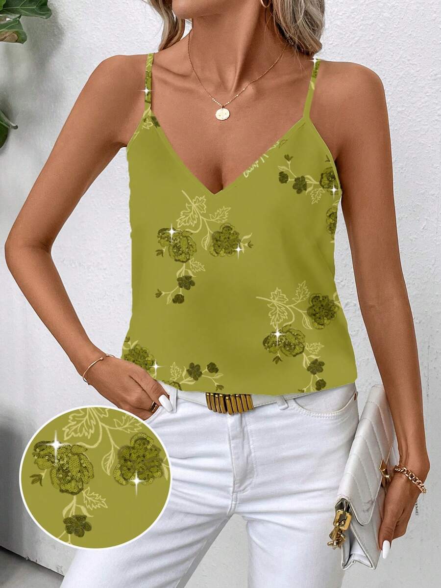 SHEIN Clasi Top de tirantes minimalista con patrón floral de lentejuelas de imitación, adecuado para el verano