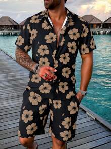 Manfinity RSRT 2pcs Men Summer Vacation Style Allover Floral Print Short Sleeve Shirt And Shorts Set