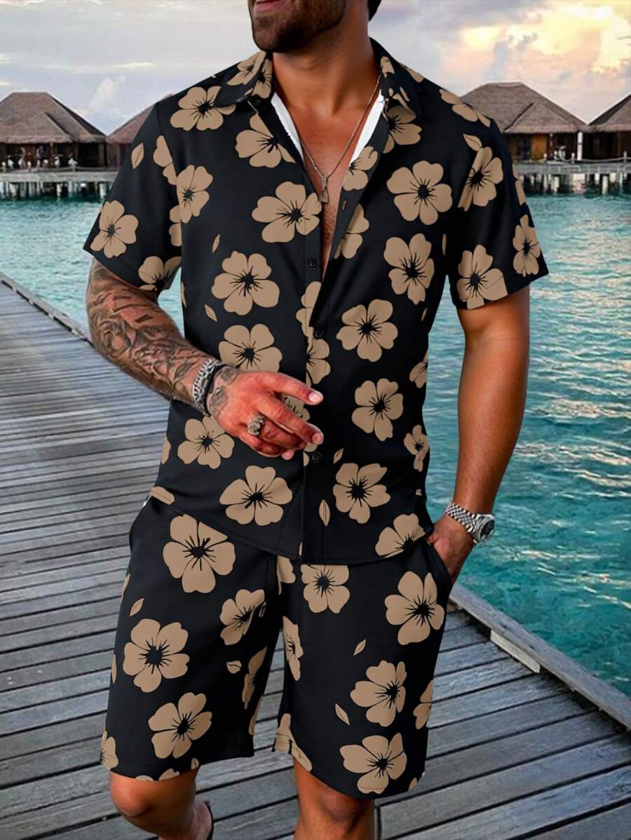 Manfinity RSRT 2pcs Men Summer Vacation Style Allover Floral Print Short Sleeve Shirt And Shorts Set
