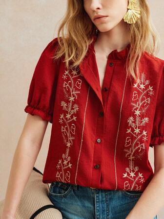 Écloséra Fashionable And Elegant Daily Versatile Frill Short Sleeve Accordion Edge Embroidery Red Women's Spring And Summer Shirt Top