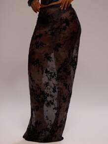 MUSERA Low Rise Flocked Mesh Sheer Straight Fit Maxi Skirt Only Summer Birthday Wedding Guest Vacation Beach Swim Elegant Cute Sexy Boho Ibiza Thanksgiving